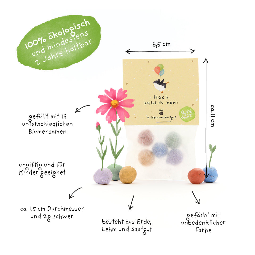 5 Blumenmurmeln im Tütchen "Hoch sollst du leben"