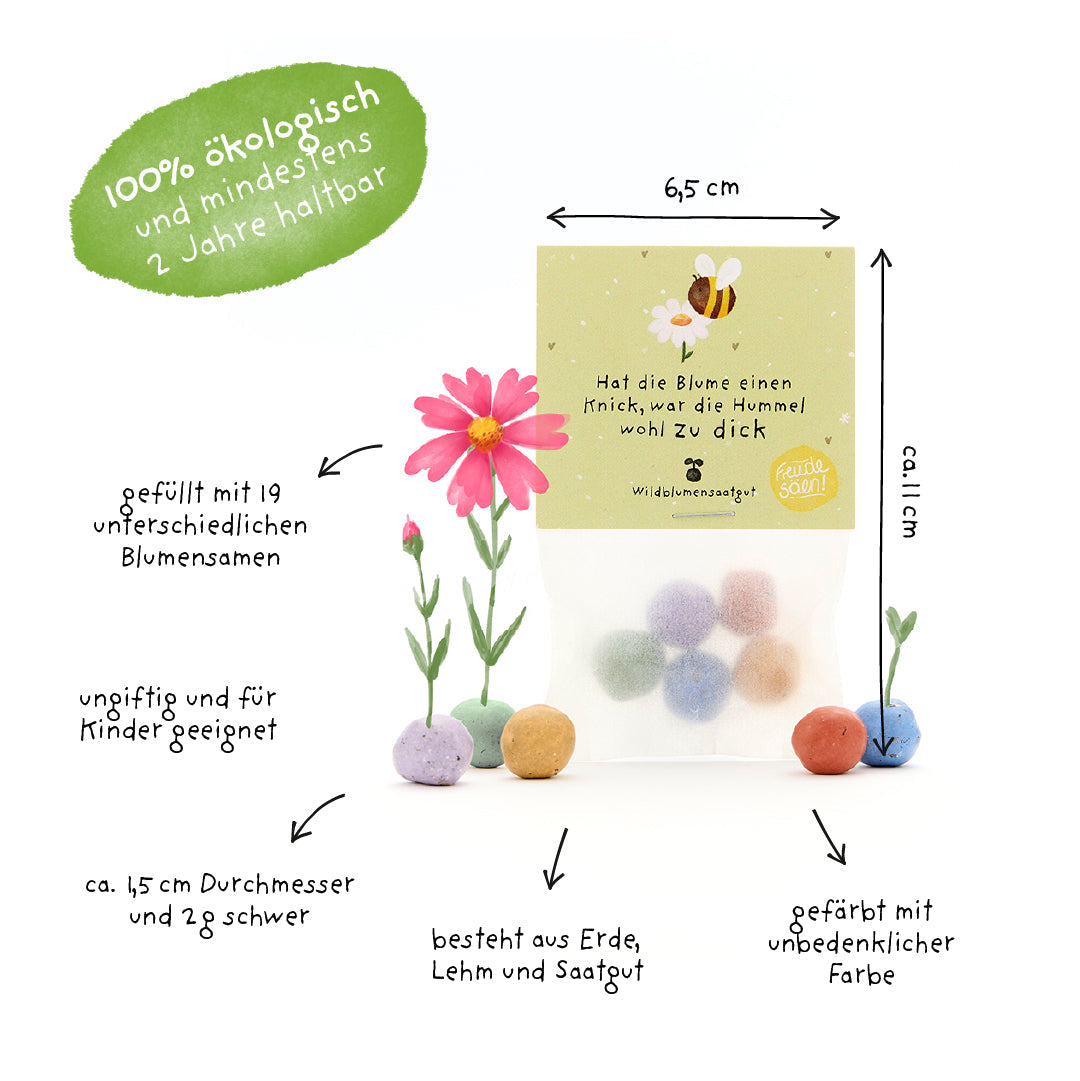 5 Blumenmurmeln im Tütchen "Hat die Blume einen Knick, war die Hummel wohl zu dick"