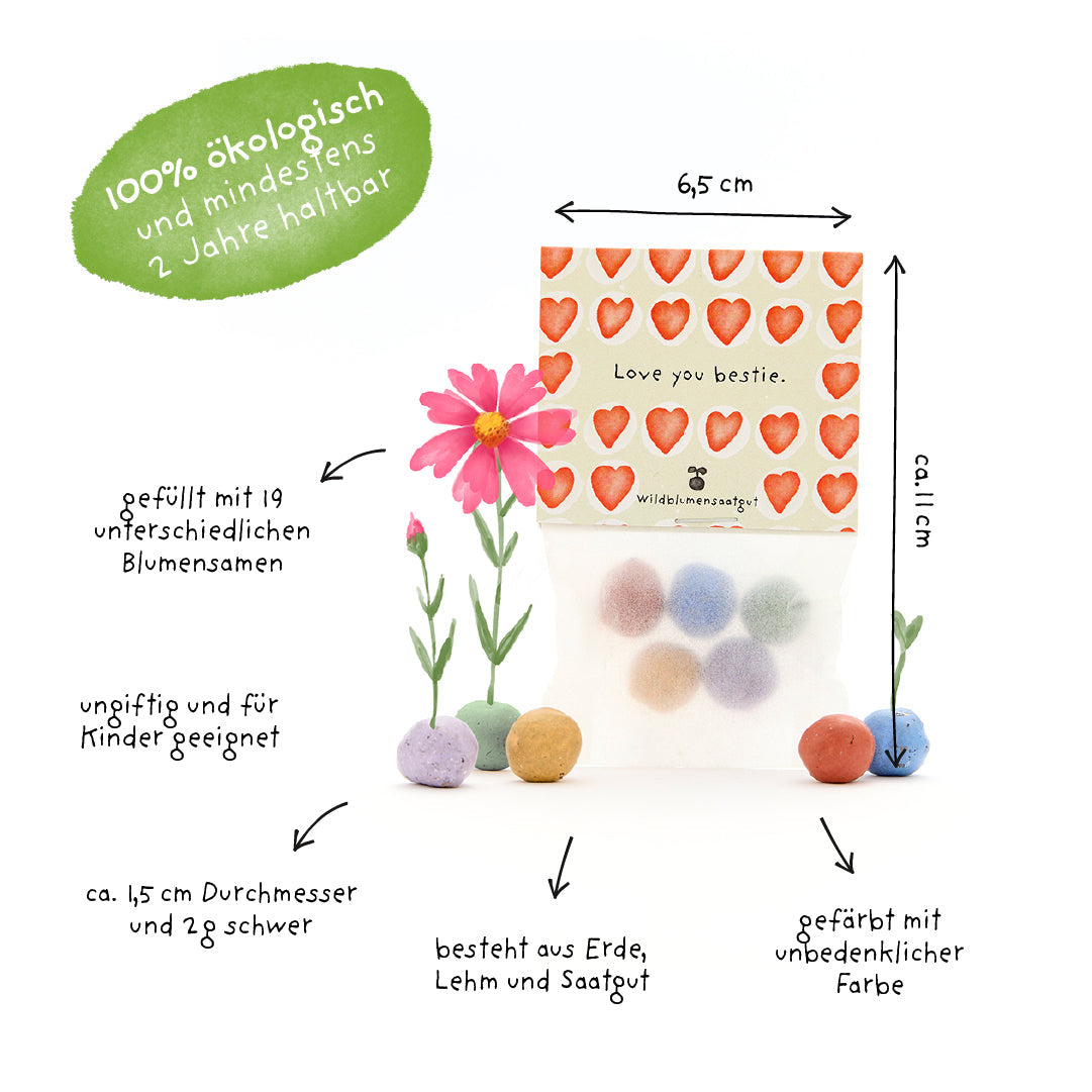 5 Blumenmurmeln im Tütchen "Love You Bestie"