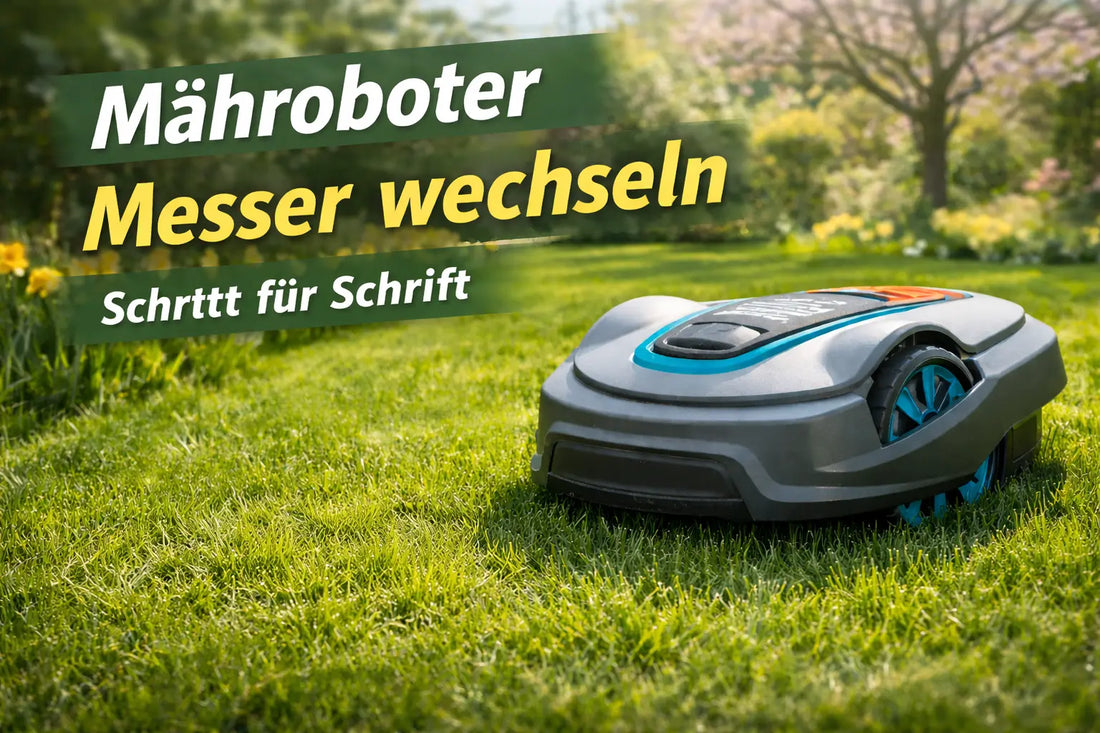 Mähroboter auf dem Rasen mit Ersatz-Messer-Klingen – Anleitung zum Messerwechsel