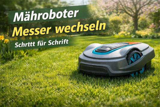 Mähroboter auf dem Rasen mit Ersatz-Messer-Klingen – Anleitung zum Messerwechsel