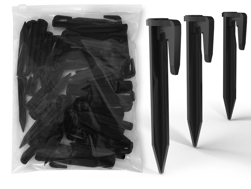 Vorteilspack mit 100 Stück universellen Erdnägeln und Haken zur Befestigung von Begrenzungskabeln für Mähroboter aller Marken.