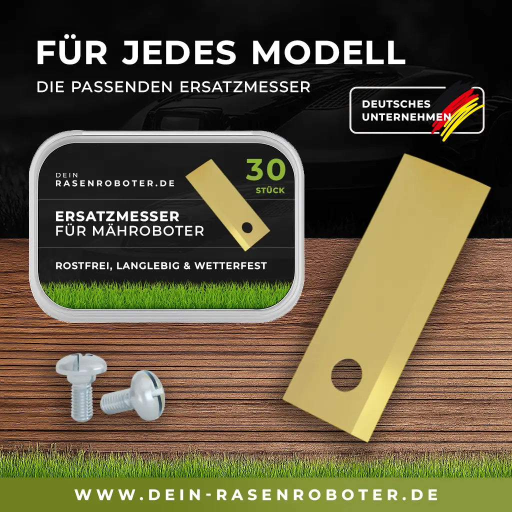 30er Set Premium Titan Ersatzklingen für Stiga A4 und A8 Mähroboter, goldene Titancarbid-Beschichtung, inklusive 30 verzinkter Sicherheitsschrauben, Maße 44,5mm x 16mm x 0,90mm