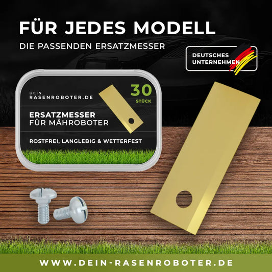 30er Set Premium Titan Ersatzklingen für Stiga A4 und A8 Mähroboter, goldene Titancarbid-Beschichtung, inklusive 30 verzinkter Sicherheitsschrauben, Maße 44,5mm x 16mm x 0,90mm