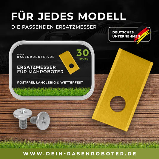 30er Set Premium Titan Ersatzmesser Gold universal für alle Parkside Mähroboter inkl. 30 passgenauer Spezialschrauben