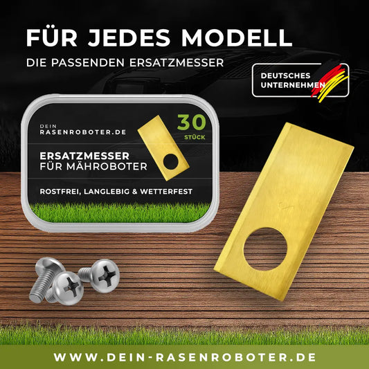 30er Set Titan-Ersatzmesser für Worx Landroid L800 WR148E – 0,90mm Edelstahl goldfarben inklusive Schrauben