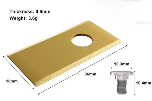 Nahaufnahme der gold-titanbeschichteten Messer für Parkside PAMRS 1000 A1 – 36,00mm x 18,00mm mit 7mm Bohrung