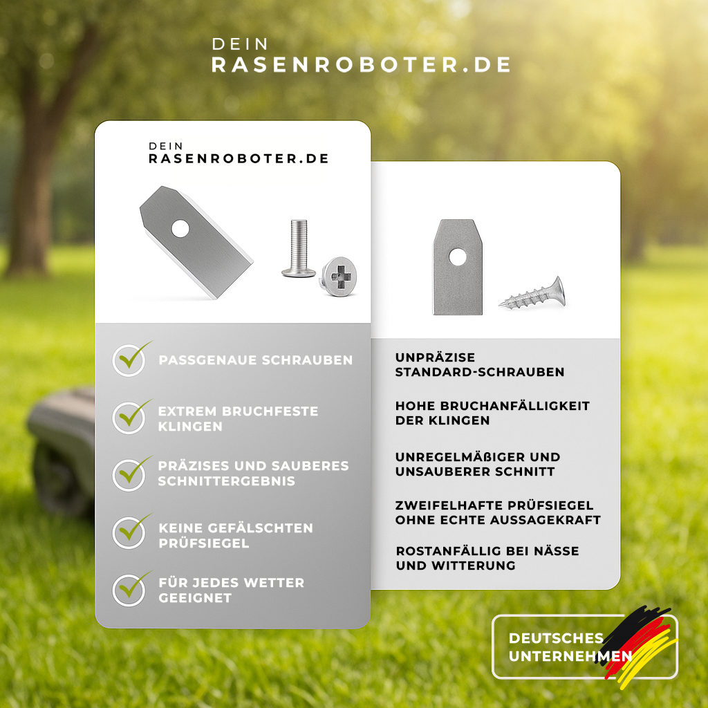 Bildvergleich zwischen Titan- und Edelstahlmessern für den R40Li. Links Titan (gold), rechts Edelstahl (silber), inklusive Standzeit- und Qualitätsunterschiede.