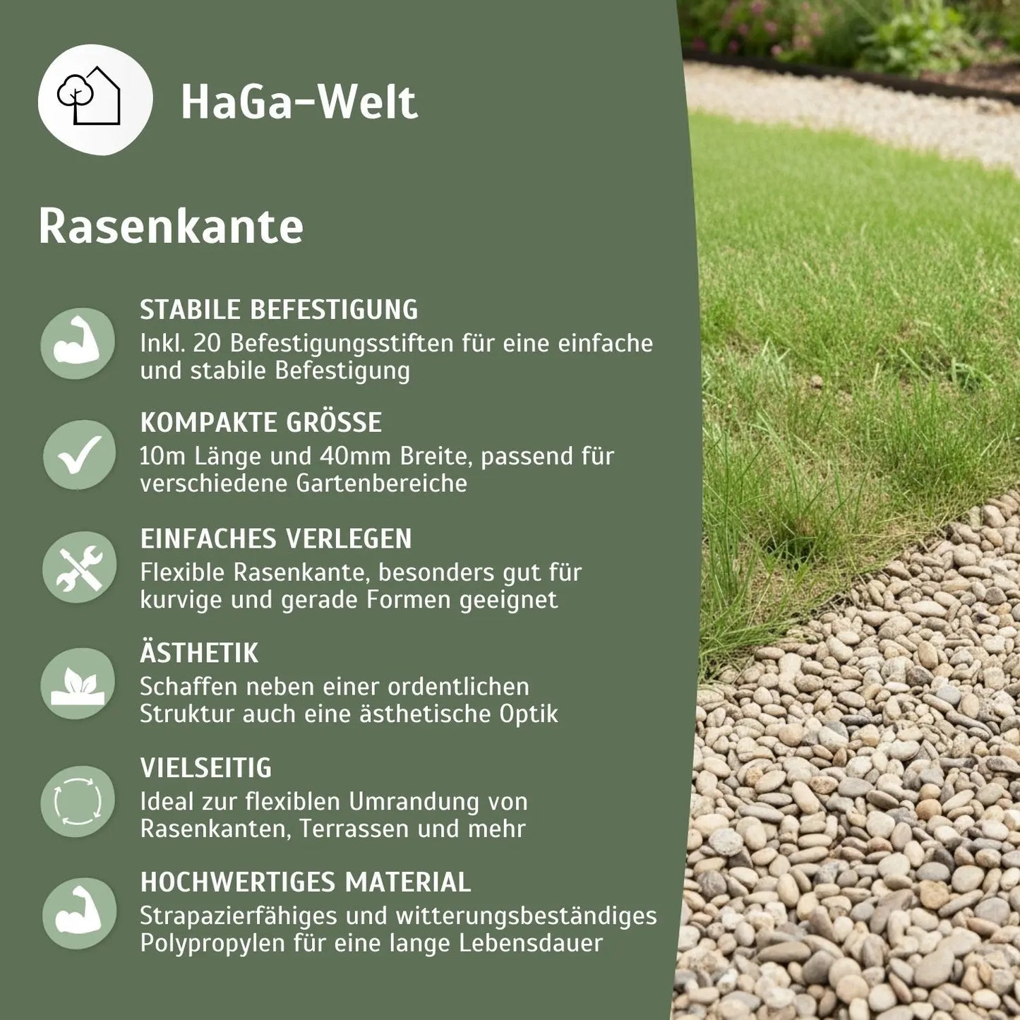 Rasenkante, flexibel 10 m x 40 mm mit 20 Befestigungstiften – Beeteinfassung leicht gemacht HaGa-Welt