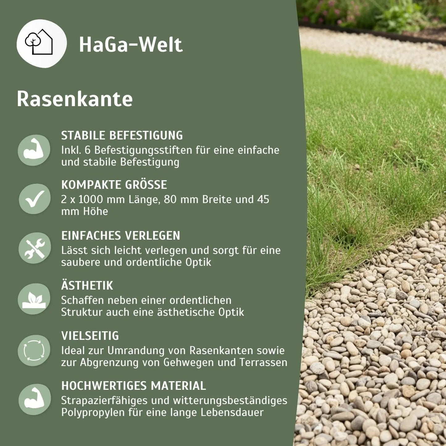 Rasenkante, 1000 mm x 80 mm x 45 mm 2 Stück – stabile Beeteinfassung für gerade Linien HaGa-Welt