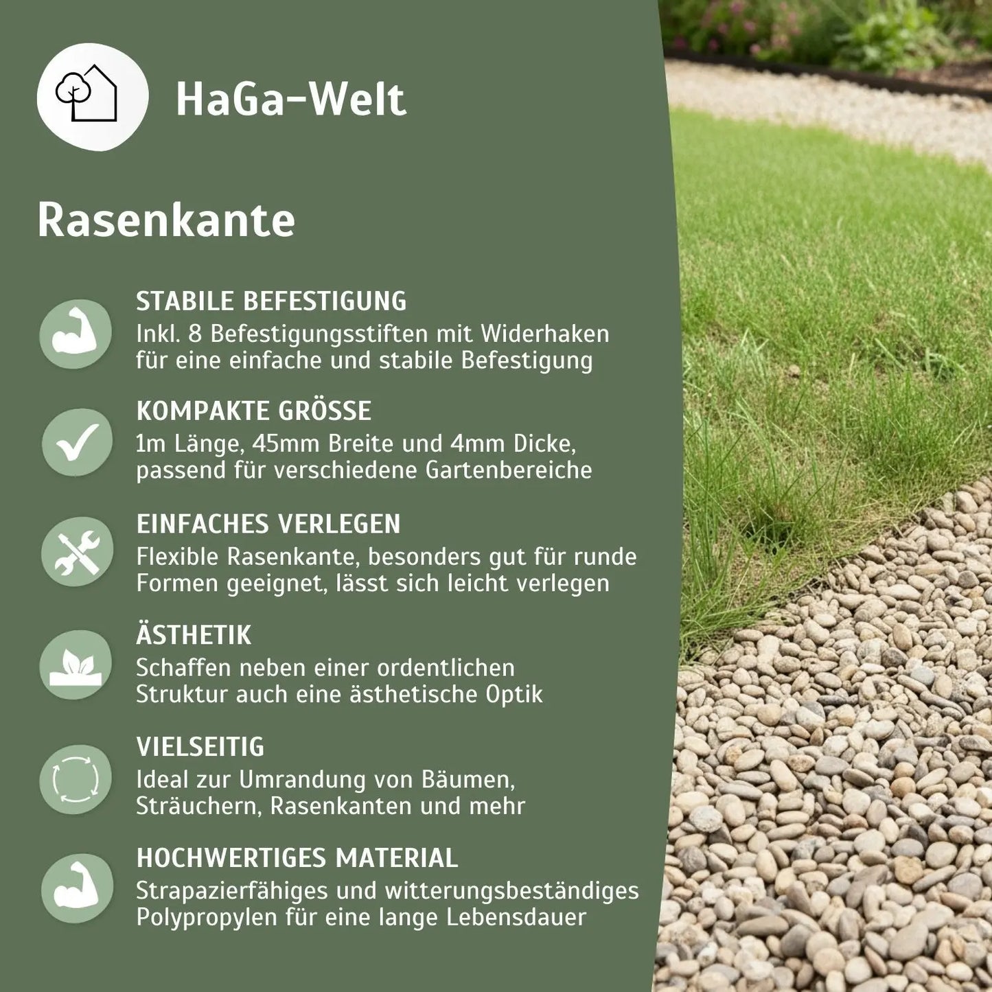 Rasenkante, flexibel rund 1 m x 45 mm – Beeteinfassung für klare Rasenkanten HaGa-Welt
