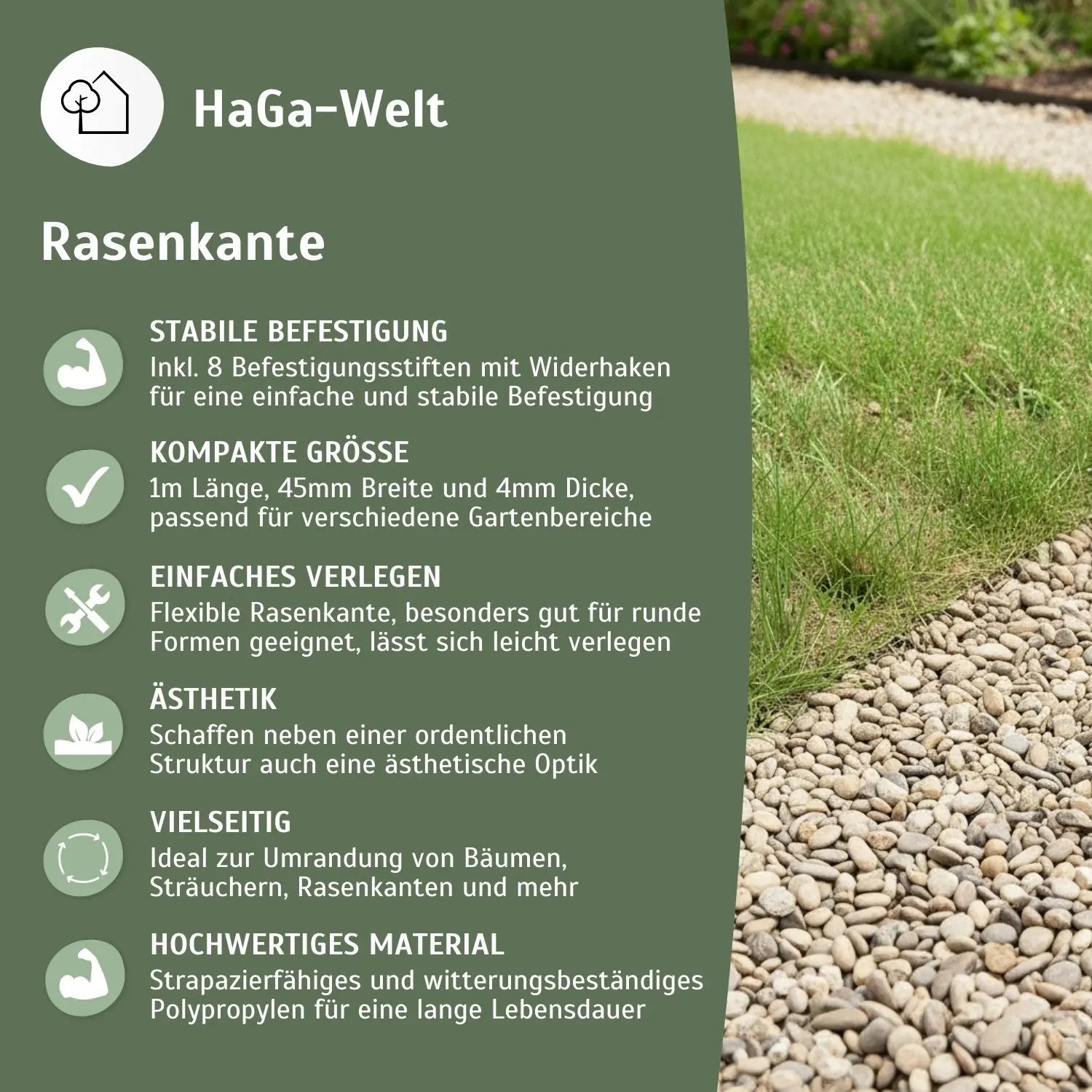 Rasenkante, flexibel rund 1 m x 45 mm – Beeteinfassung für klare Rasenkanten HaGa-Welt