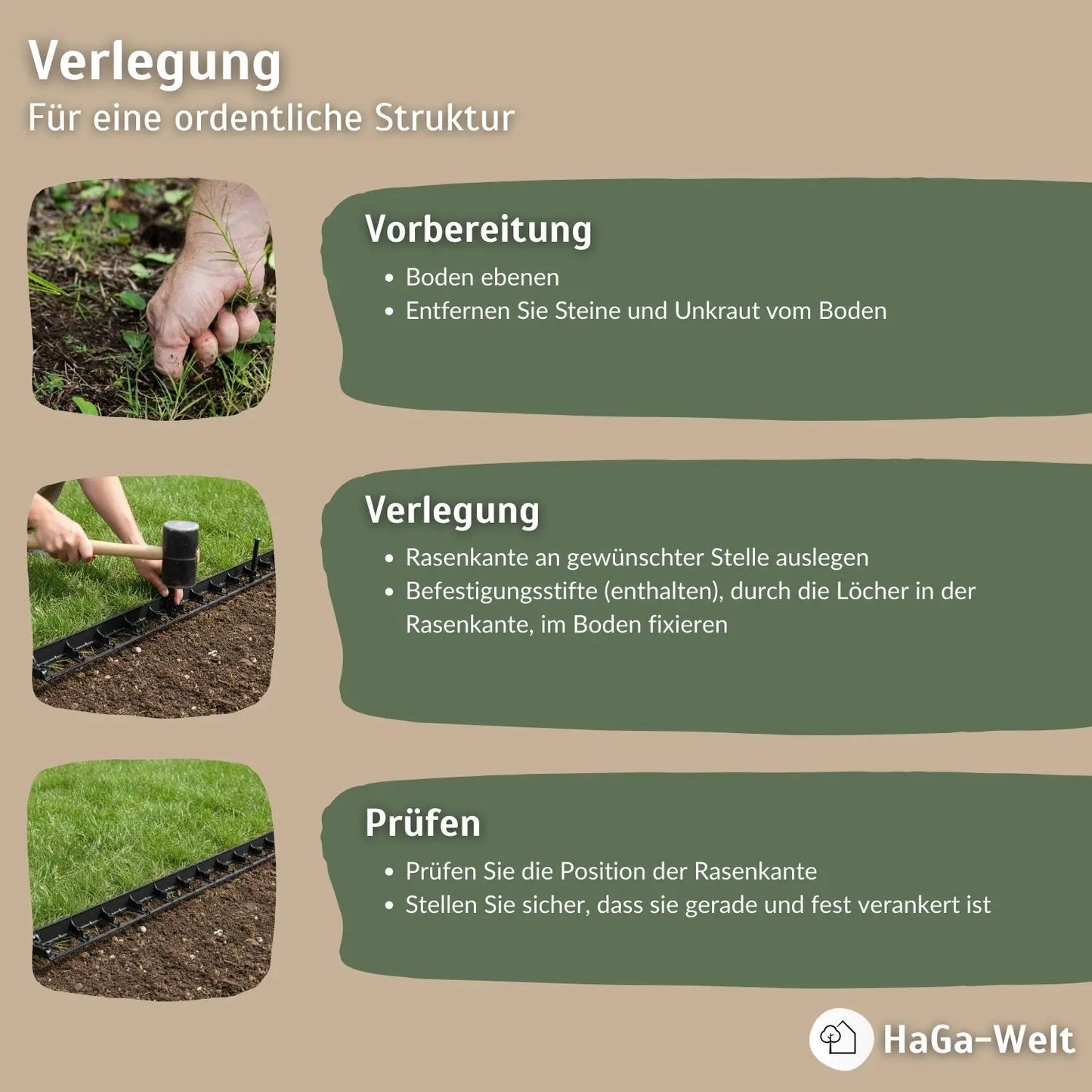 Rasenkante, flexibel 10 m x 40 mm mit 20 Befestigungstiften – Beeteinfassung leicht gemacht HaGa-Welt