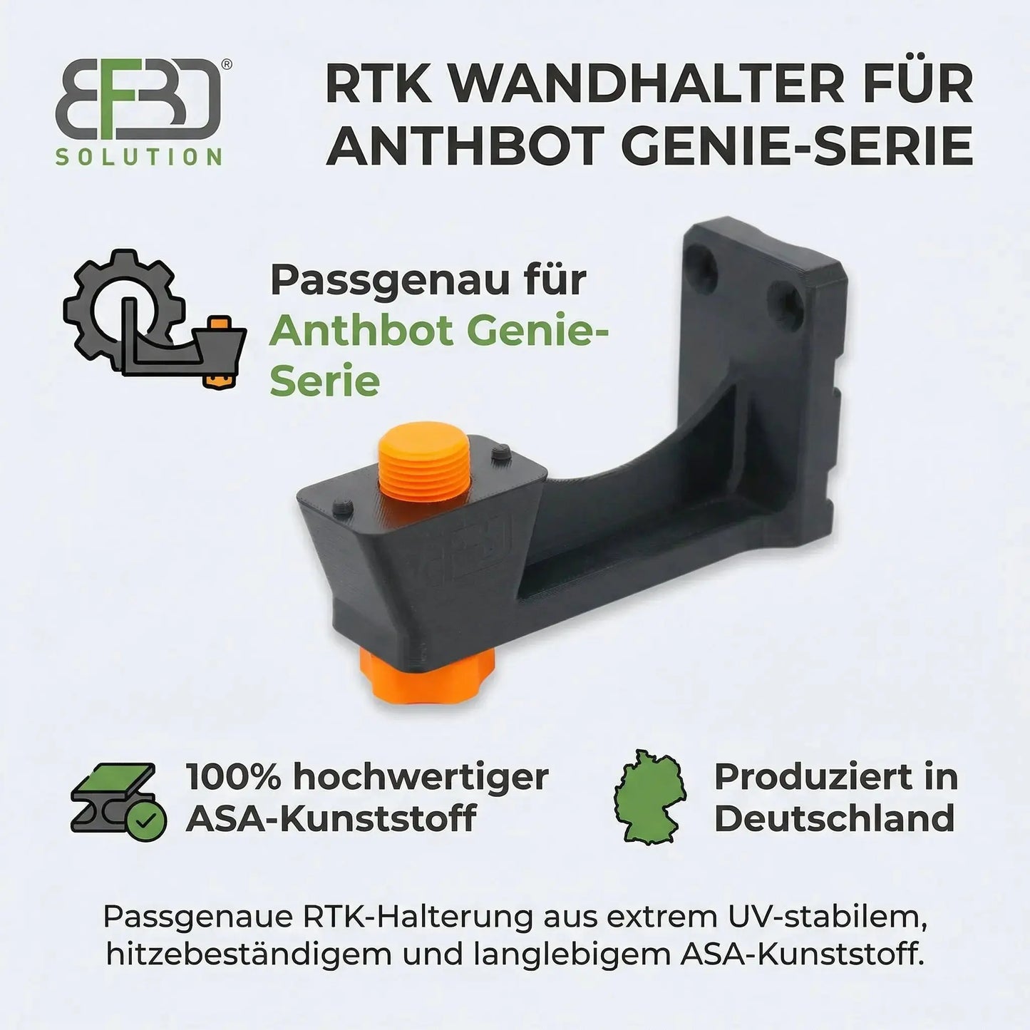 Vollständiger Lieferumfang: Schwarzer Wandhalter, orange Fixierschraube, Edelstahl-Schrauben und Fischer-Dübel für Anthbot RTK.
