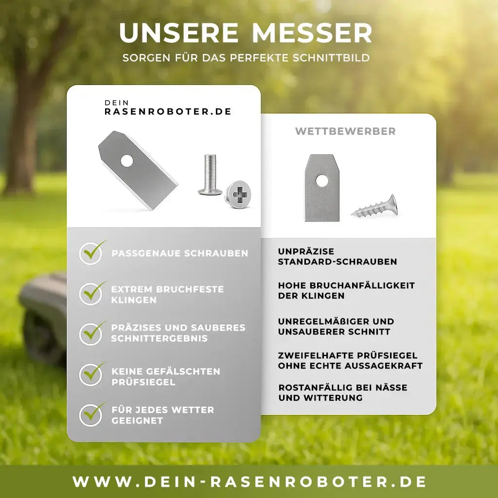 Sauberes Schnittbild und gesunder grüner Rasen dank ultrascharfer Carbon-Messer.