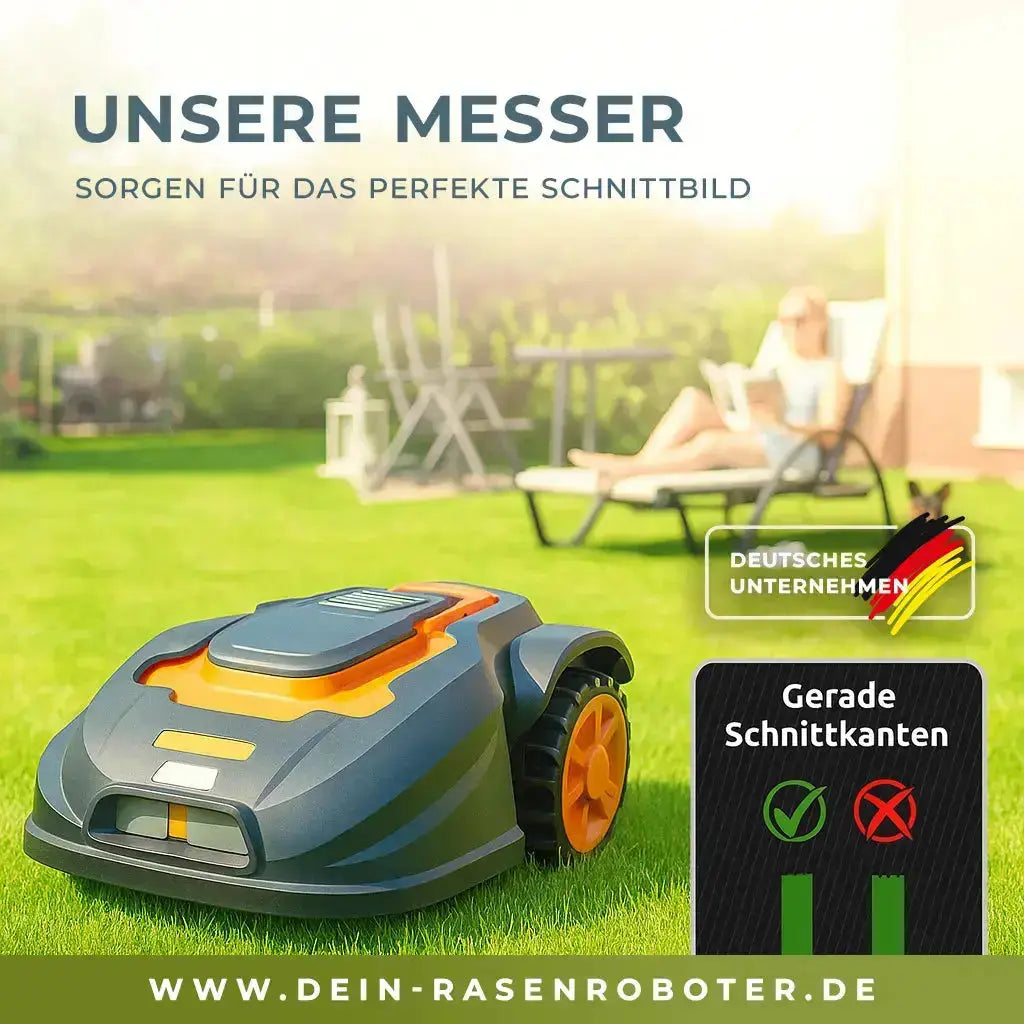 Gepflegter grüner Rasen gemäht mit Anthbot M5 LiDAR und scharfen 0,75mm Titan Ersatzklingen für ein sauberes Schnittbild.
