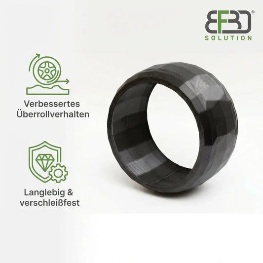 Nahaufnahme des flexiblen, verschleißfesten TPU-Materials des Radschutzes für Kress Rasenroboter.