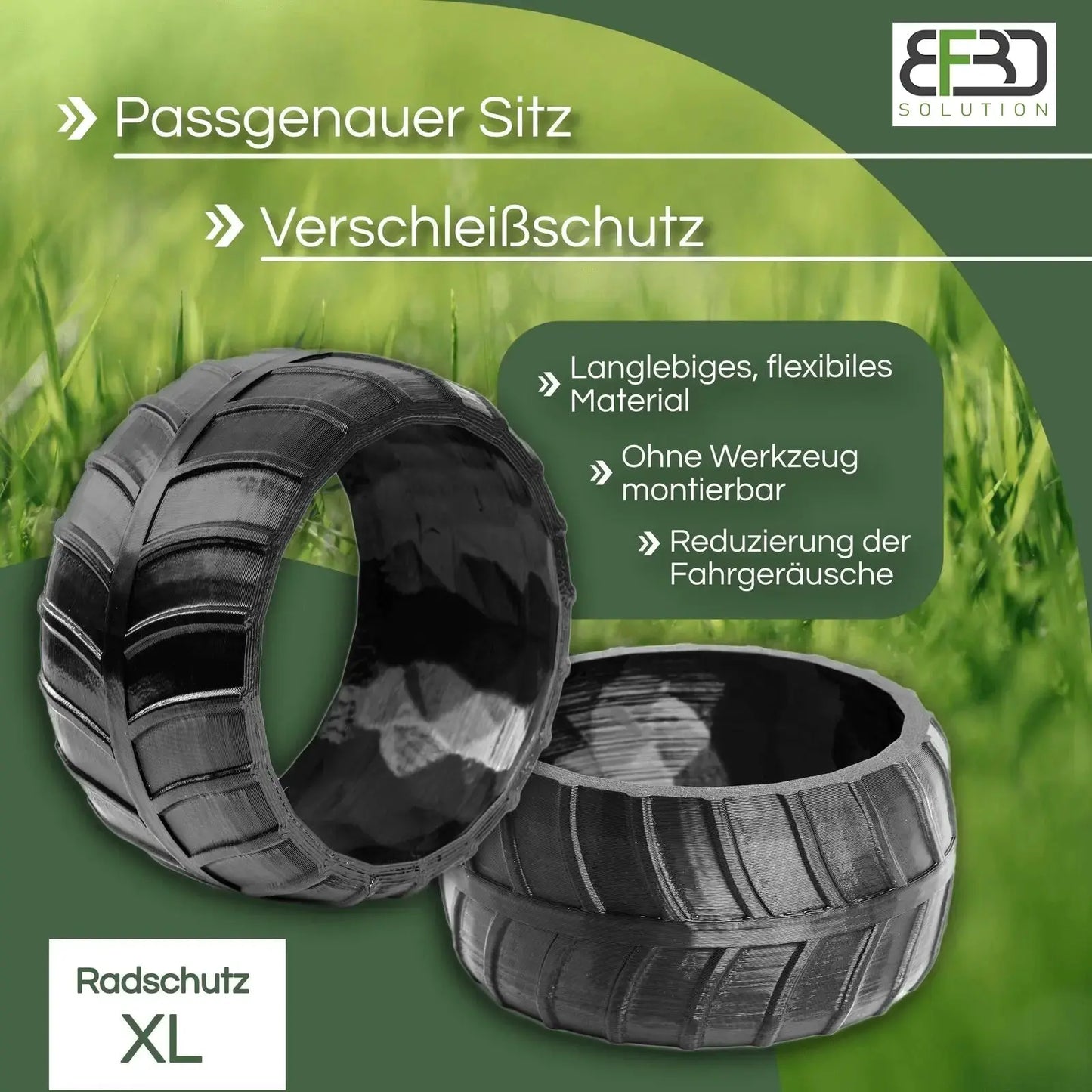 Detailaufnahme des schwarzen, flexiblen TPU-Radüberzugs für Gardena Rasenroboter – Made in Germany.